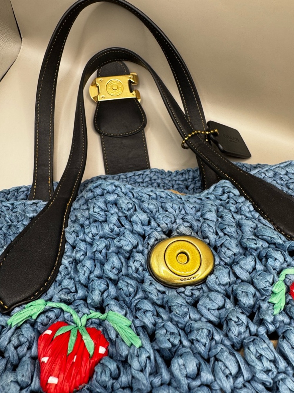 Coach Blue Crochet Tote with Red Strawberry Motif - Picture 7 of 8